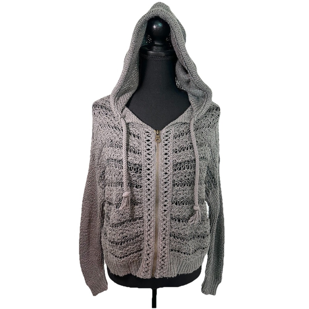 Free People Women's XS Gray Open Knit Crop Full Zip Hoodie Boho Relaxed Fit